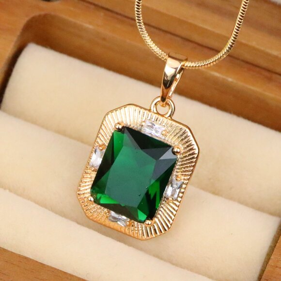 "Green Emerald Cut Pendant with Textured Gold Plated Frame, XPPT1783 - Picture 1 of 13